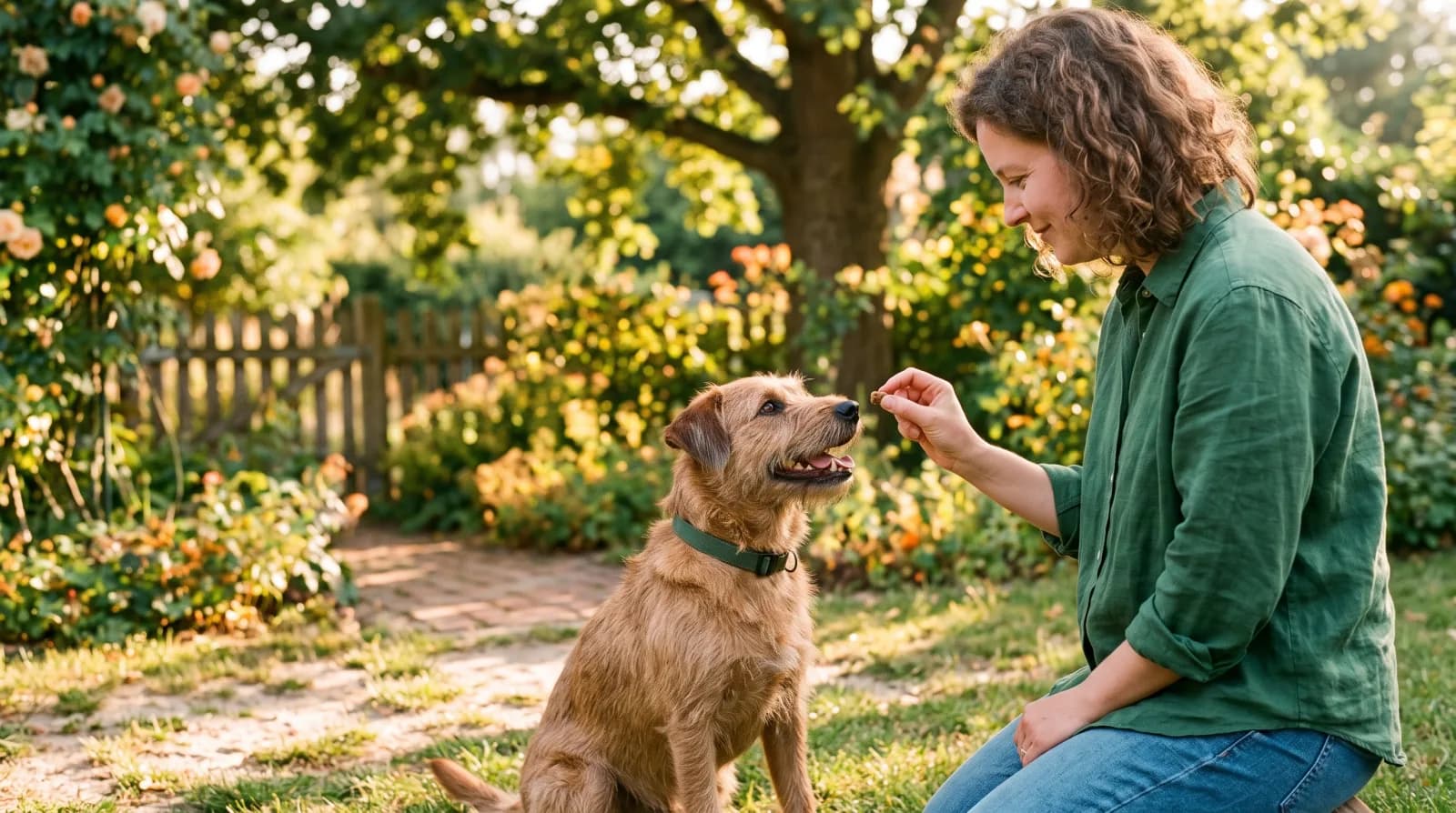 Vrouw beloont haar hond rustig met een snoepje in de tuin tijdens positieve hondentraining