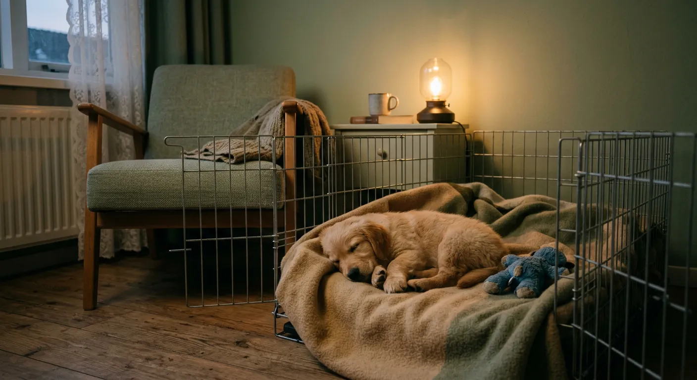 Puppy slaapt vredig opgekruld op een deken in een open bench naast een warm nachtlampje