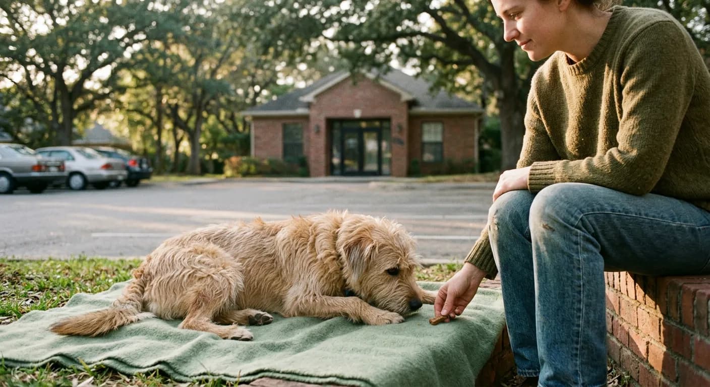 Hond ligt rustig op een deken op het gras buiten bij de dierenartspraktijk terwijl het baasje ernaast een snoepje neerlegt