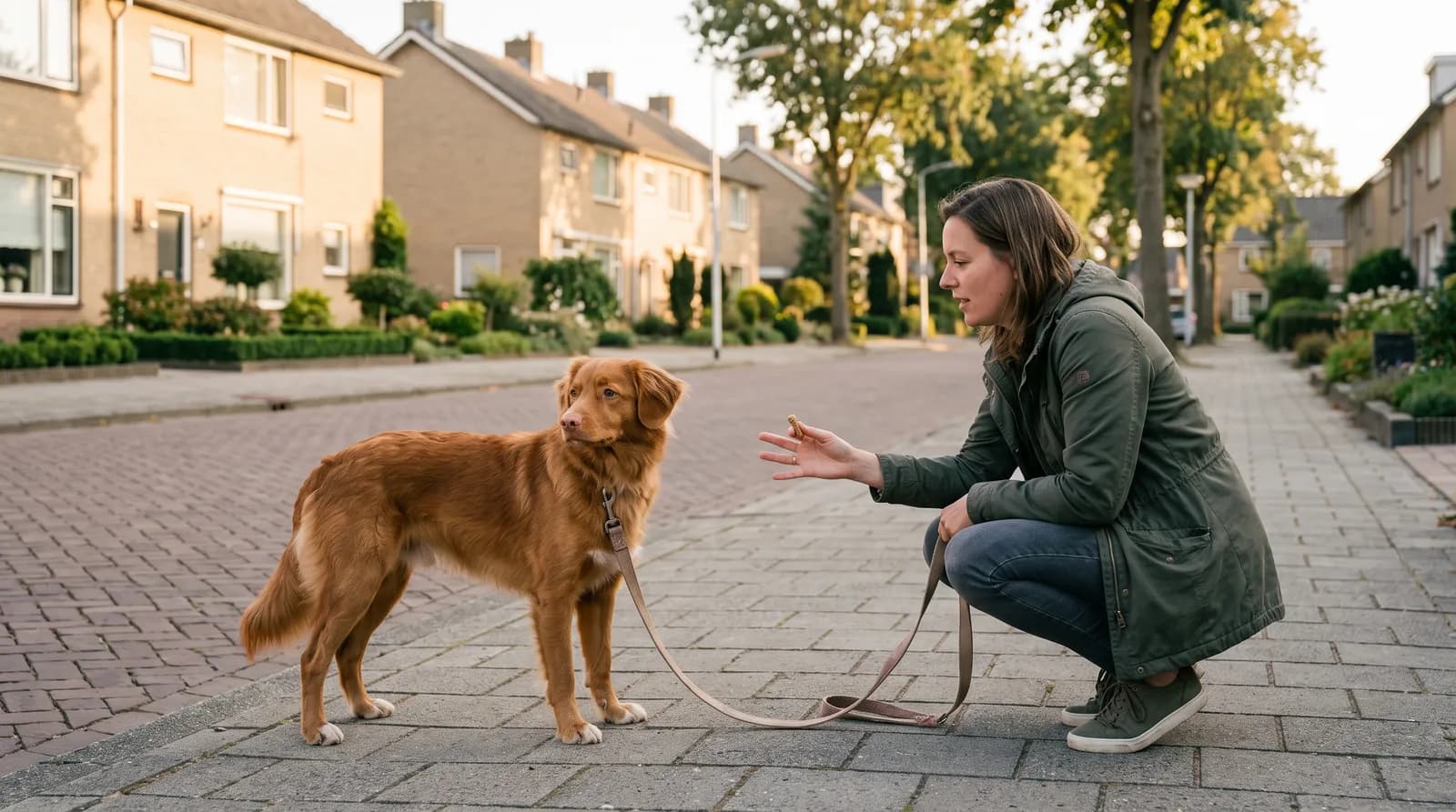 Baasje biedt buiten op straat een snoepje aan een gespannen hond aan de lijn die de beloning niet aanneemt