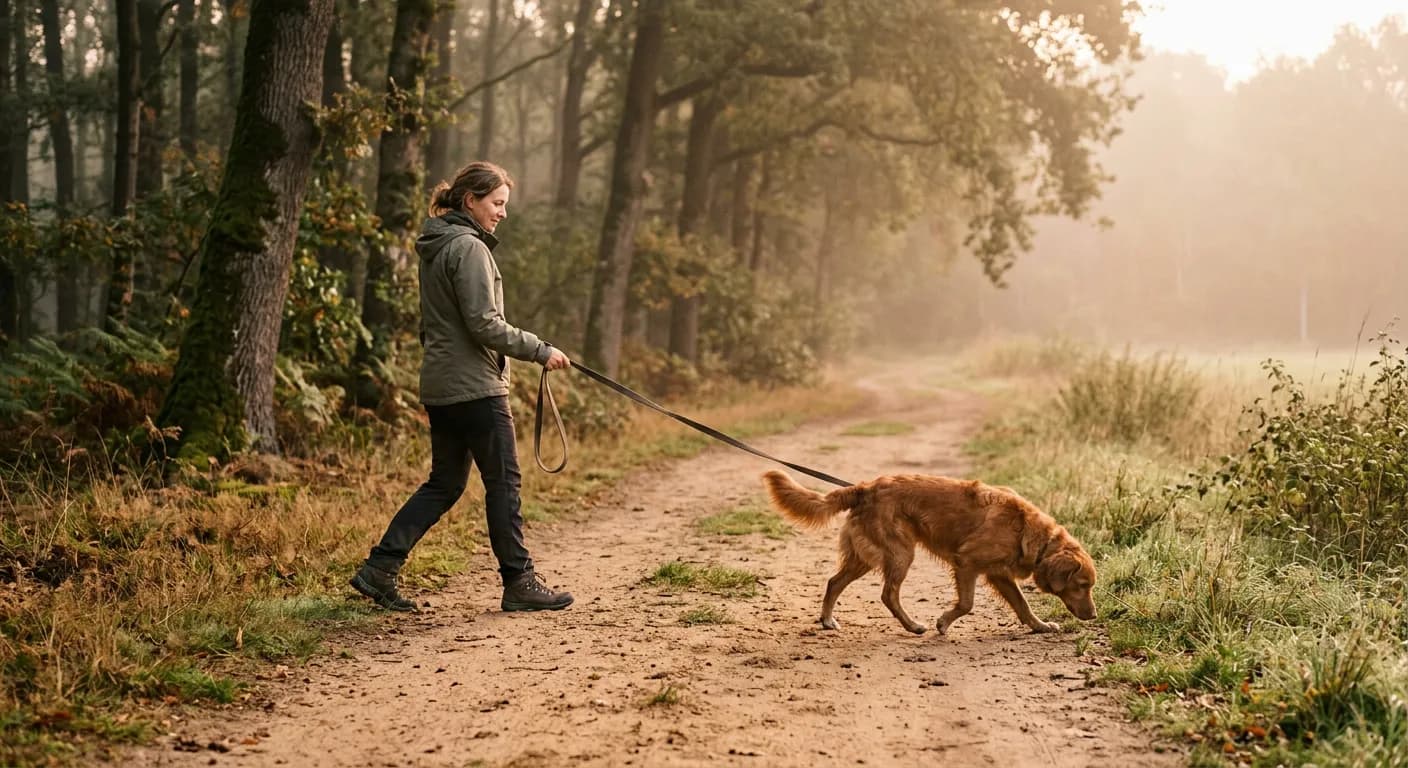 Baasje laat haar hond vroeg in de ochtend uit aan een lange losse lijn op een stil bospad zonder andere honden