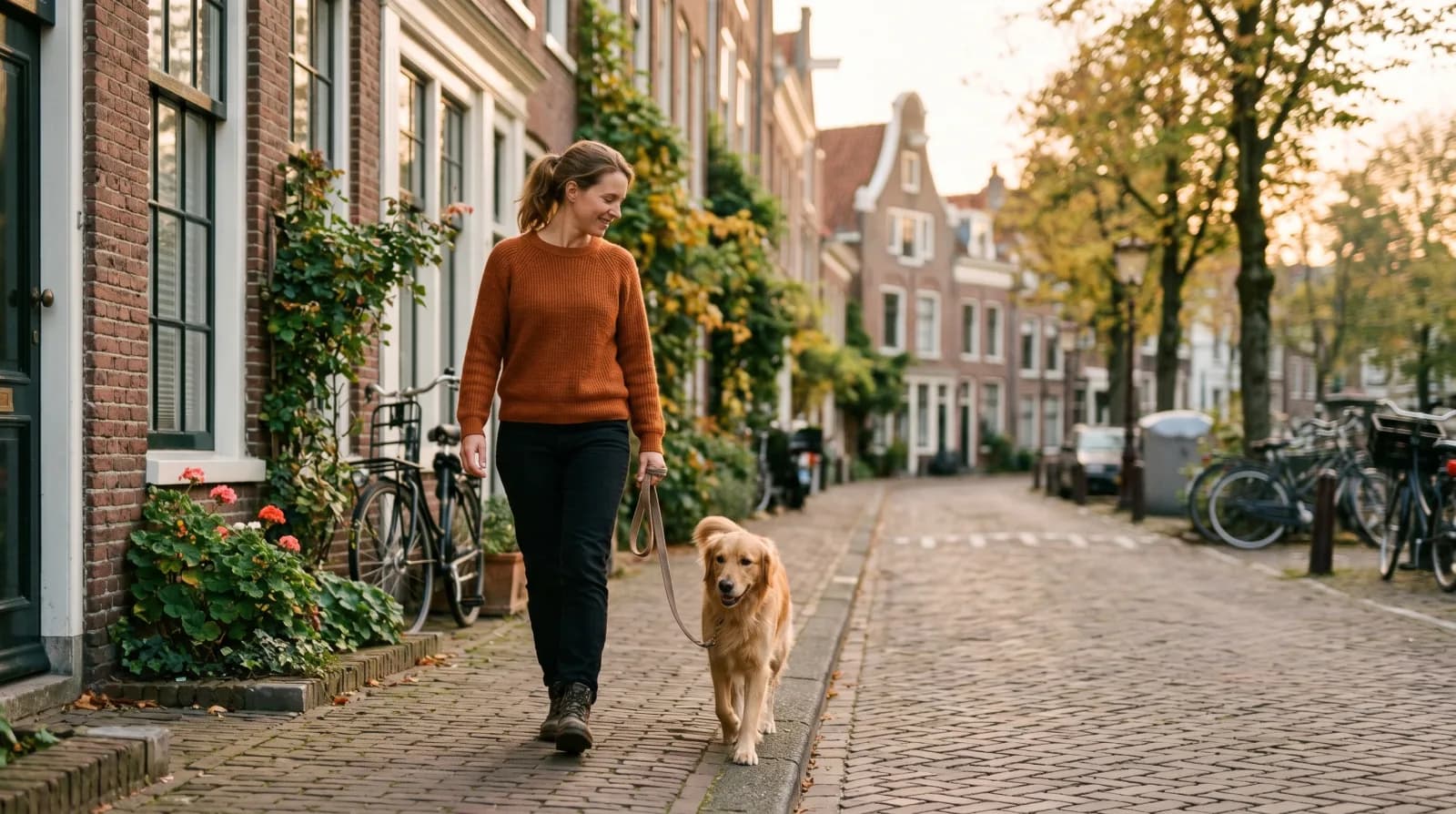 Vrouw loopt rustig met haar hond aan een losse lijn over een stille Nederlandse straat in zacht ochtendlicht