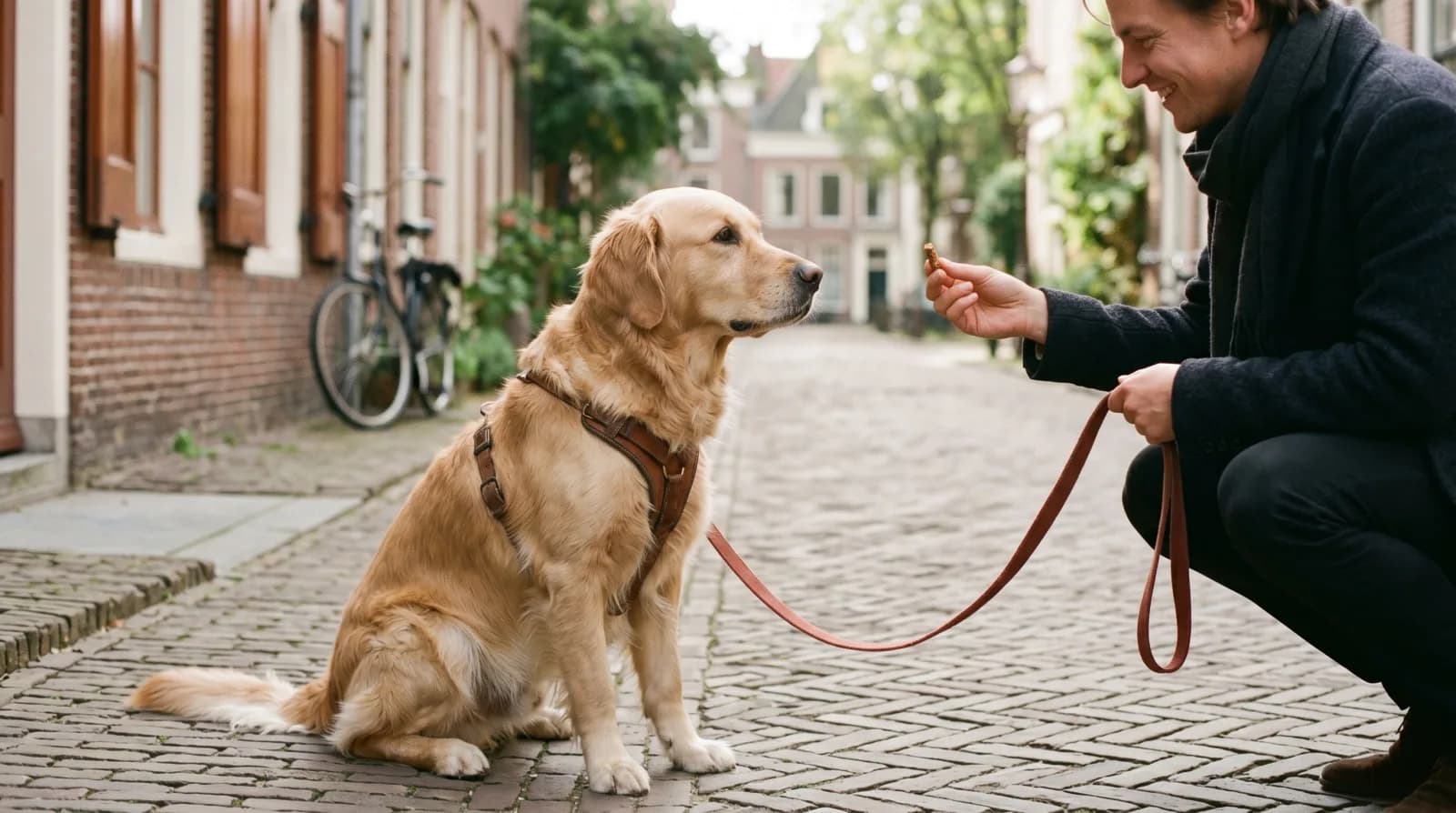 Hond kijkt rustig naar de overkant en draait zich dan verwachtingsvol naar zijn baasje voor een beloning
