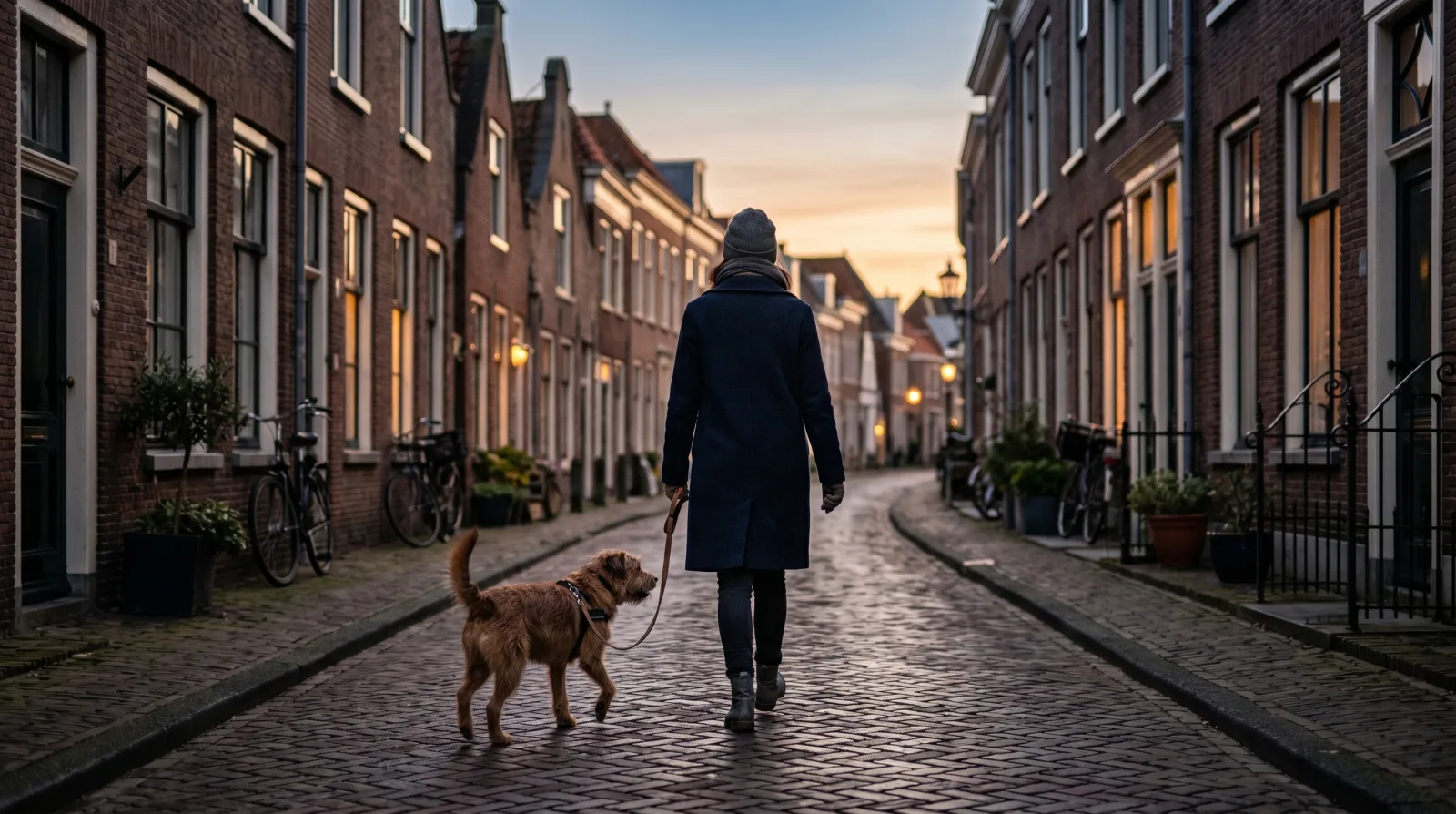 Vrouw loopt in de vroege ochtend rustig met haar hond aan een losse lijn over een lege straat