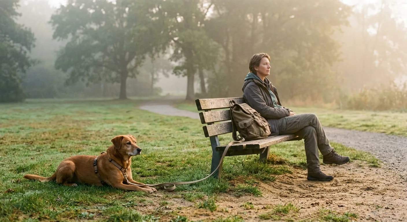 Baasje zit nadenkend op een bankje in een mistig park terwijl haar hond ontspannen naast de bank in het gras ligt