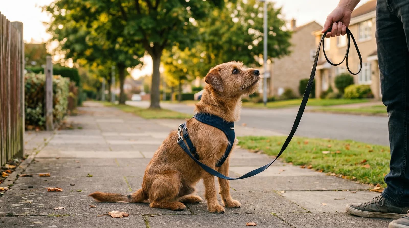 A calm dog sitting on a loose leash on a quiet suburban street at golden hour
