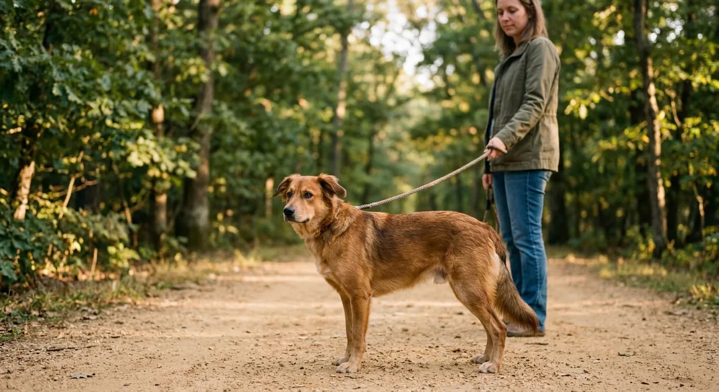 Hond staat oplettend maar rustig aan een losse lijn naast het baasje op een bospad en houdt afstand
