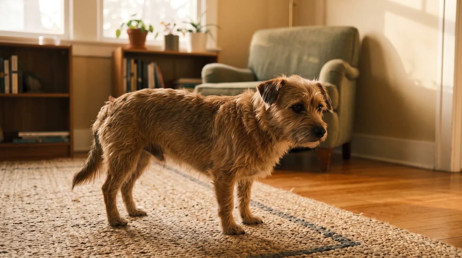 Schichtige hond staat waakzaam maar rustig in de woonkamer en neemt de ruimte in zijn eigen tempo op