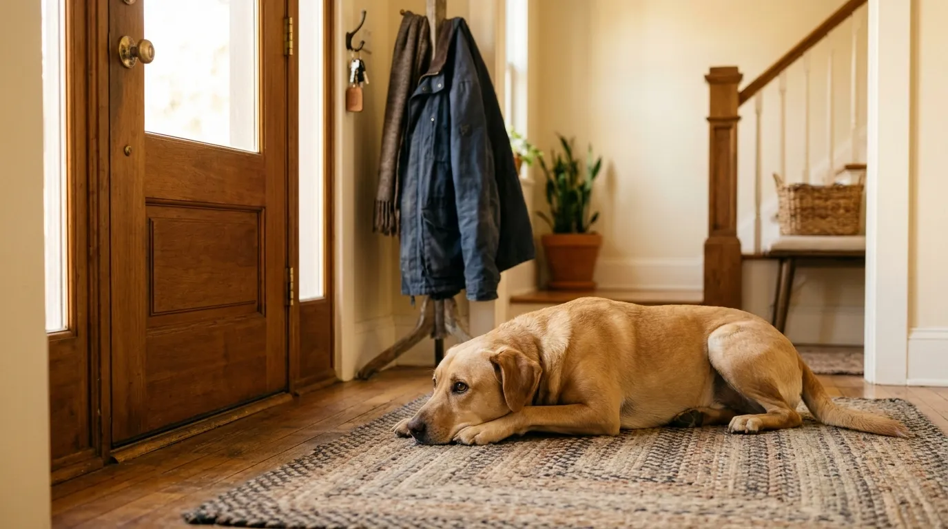 A calm dog lying relaxed on a rug by the front door of a sunlit home