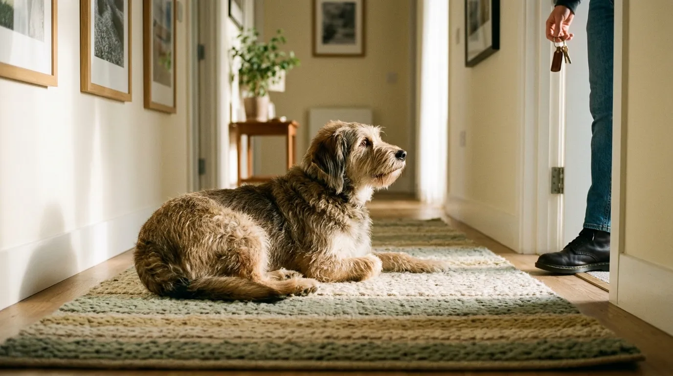 A shaggy dog lying calmly on a striped runner in a sunny hallway while a person holding keys stands at the open front door