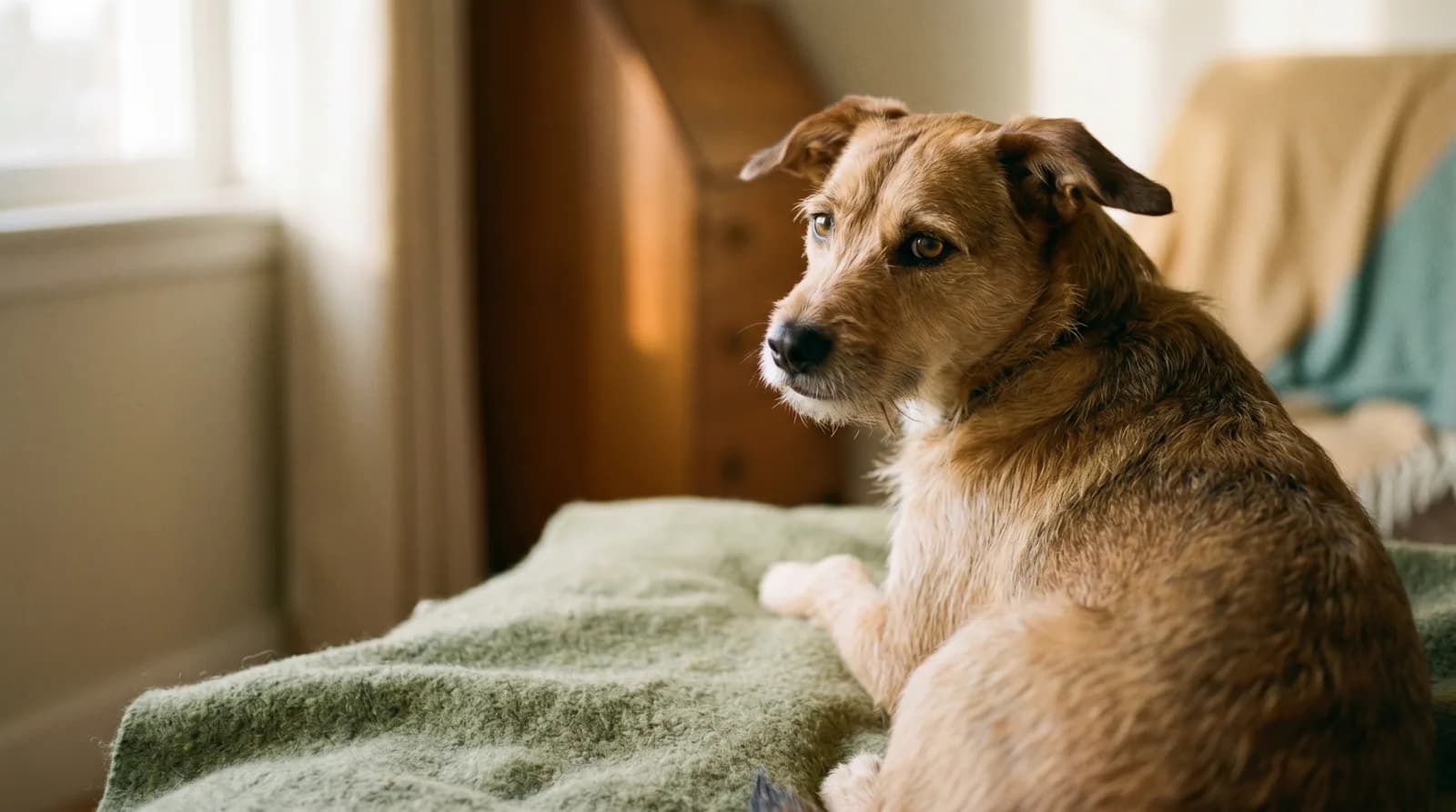 A dog sitting on a bed and glancing warily toward a window, one ear held back