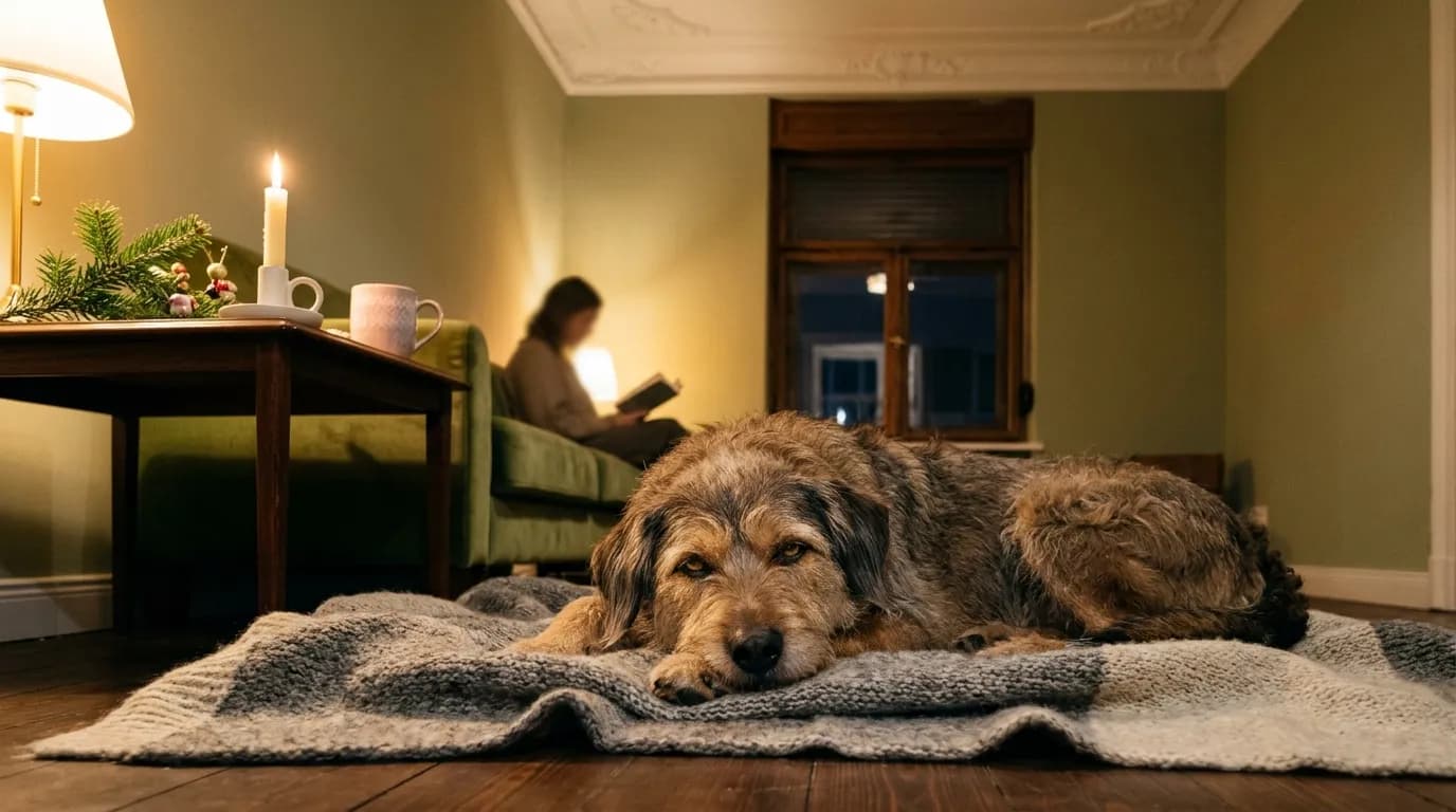 Ein zotteliger Mischlingshund liegt entspannt auf einer Strickdecke in einem Altbau-Wohnzimmer am Winterabend, im Hintergrund liest eine Frau auf dem Sofa