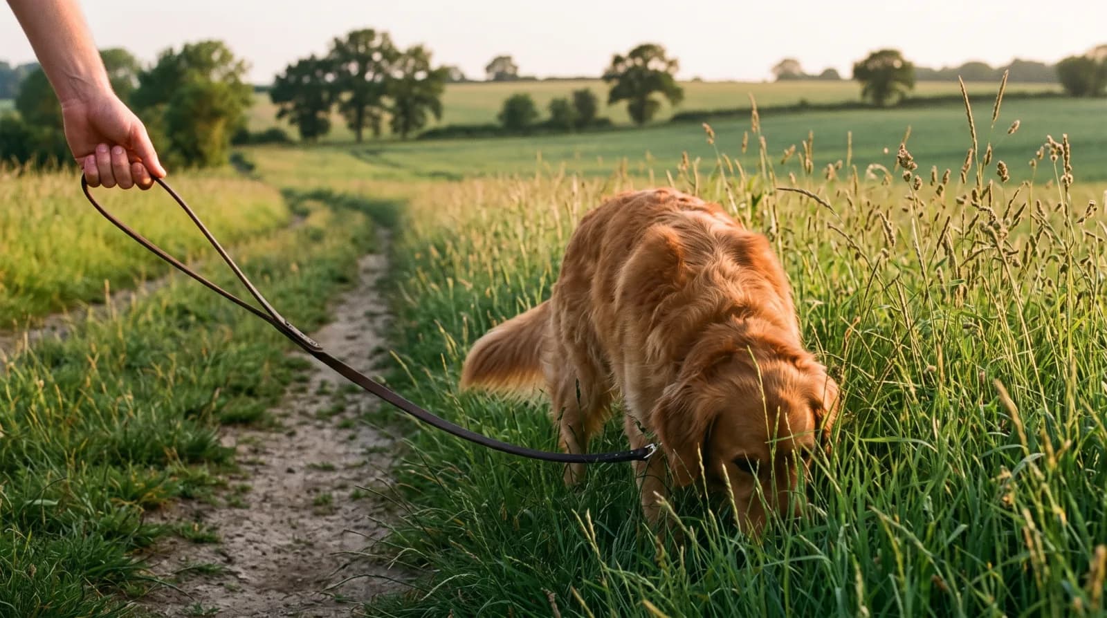 Hond snuffelt aan een lange losse lijn in het hoge gras tijdens een rustige decompressiewandeling