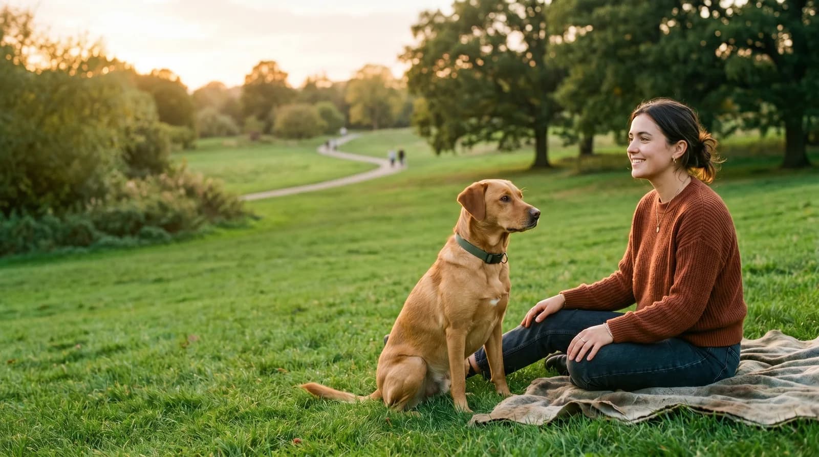 A dog sitting calmly beside its owner in a quiet open park, watching from a safe distance
