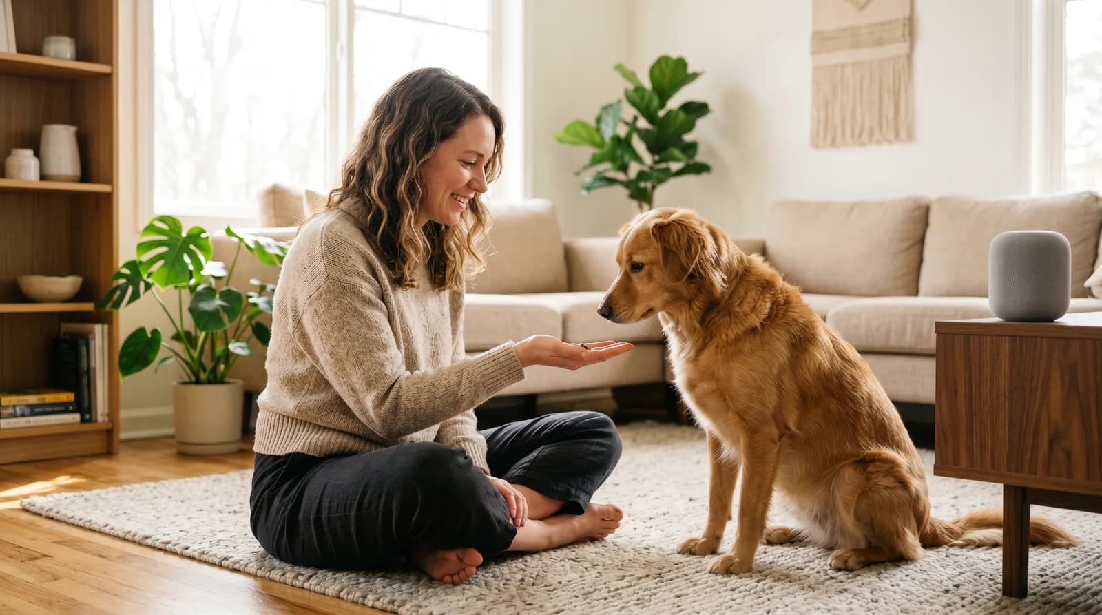 A person rewarding a calm dog during gentle sound desensitization practice
