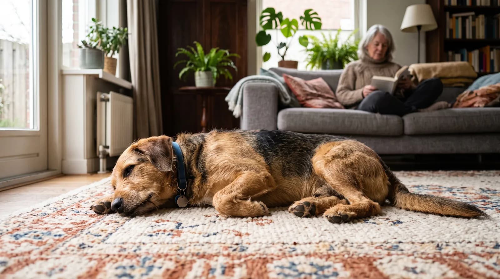 Hund liegt seitlich in einem ruhigen Wohnzimmer, Ohren, Fang und Rute gut sichtbar, während die Halterin aus Abstand zuschaut