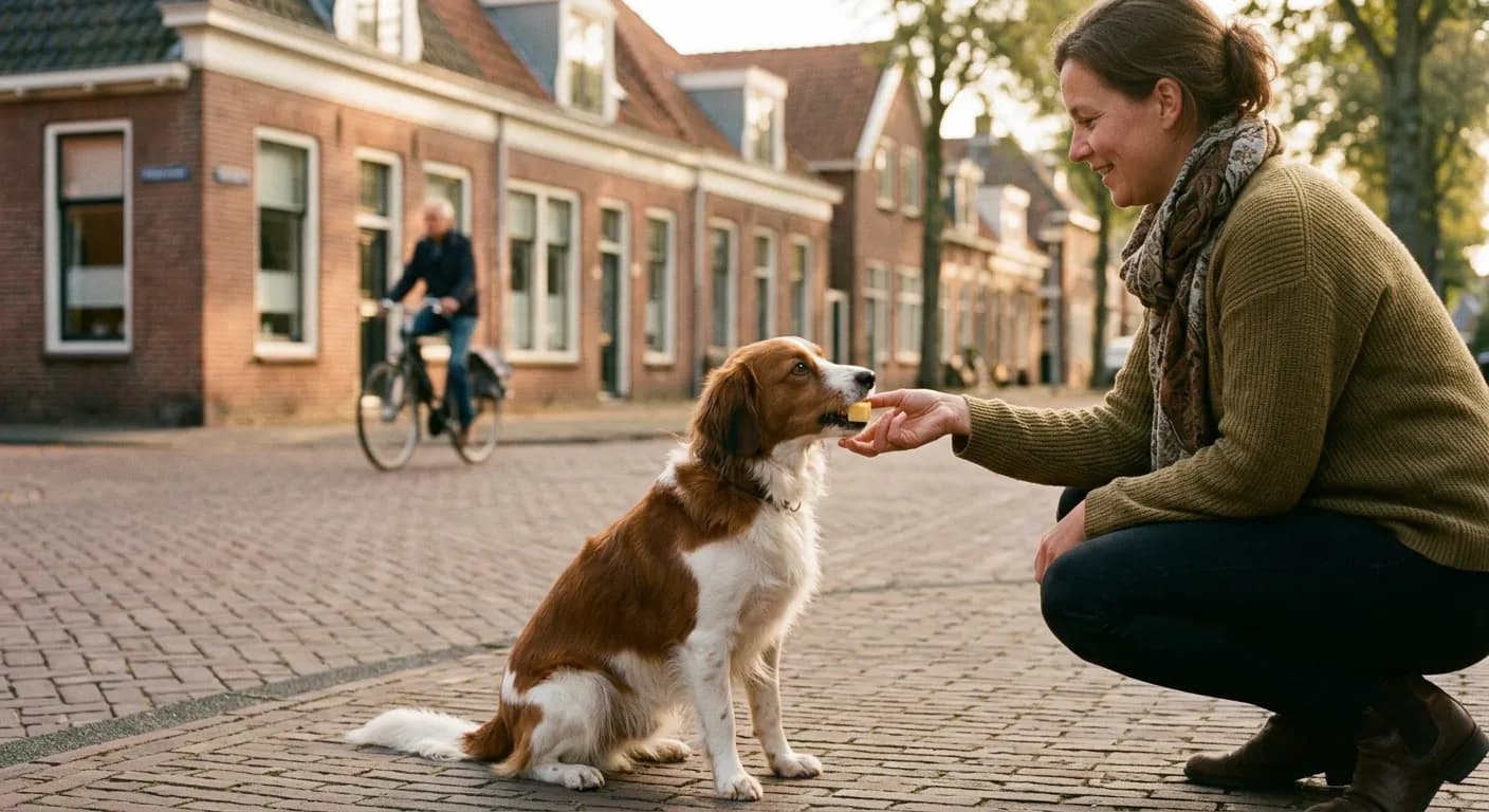 Hond zit op een Nederlandse straat en krijgt een stukje kaas van het baasje terwijl verderop een fietser langsrijdt