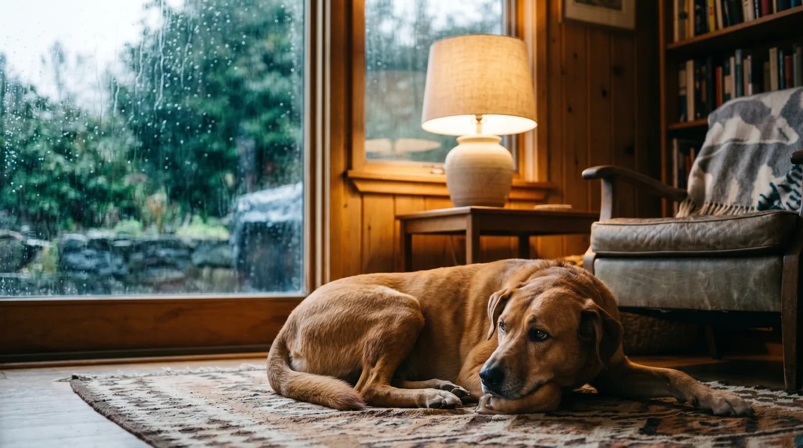 A calm dog resting on a rug indoors while rain streaks the window