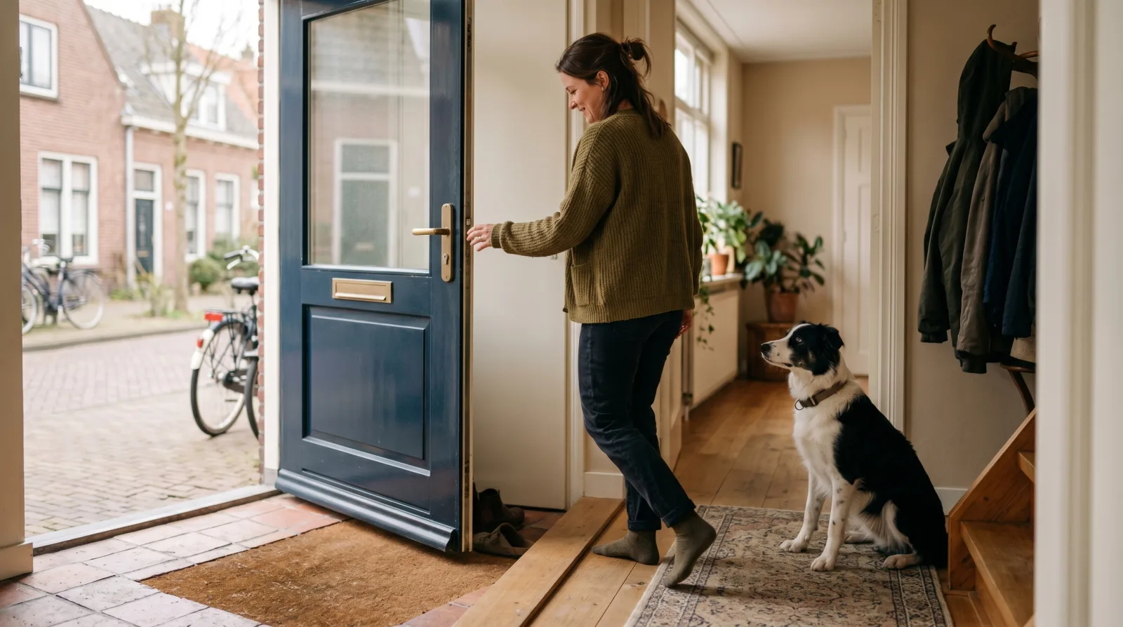 Baasje oefent kort weggaan en komt rustig weer binnen bij de hond