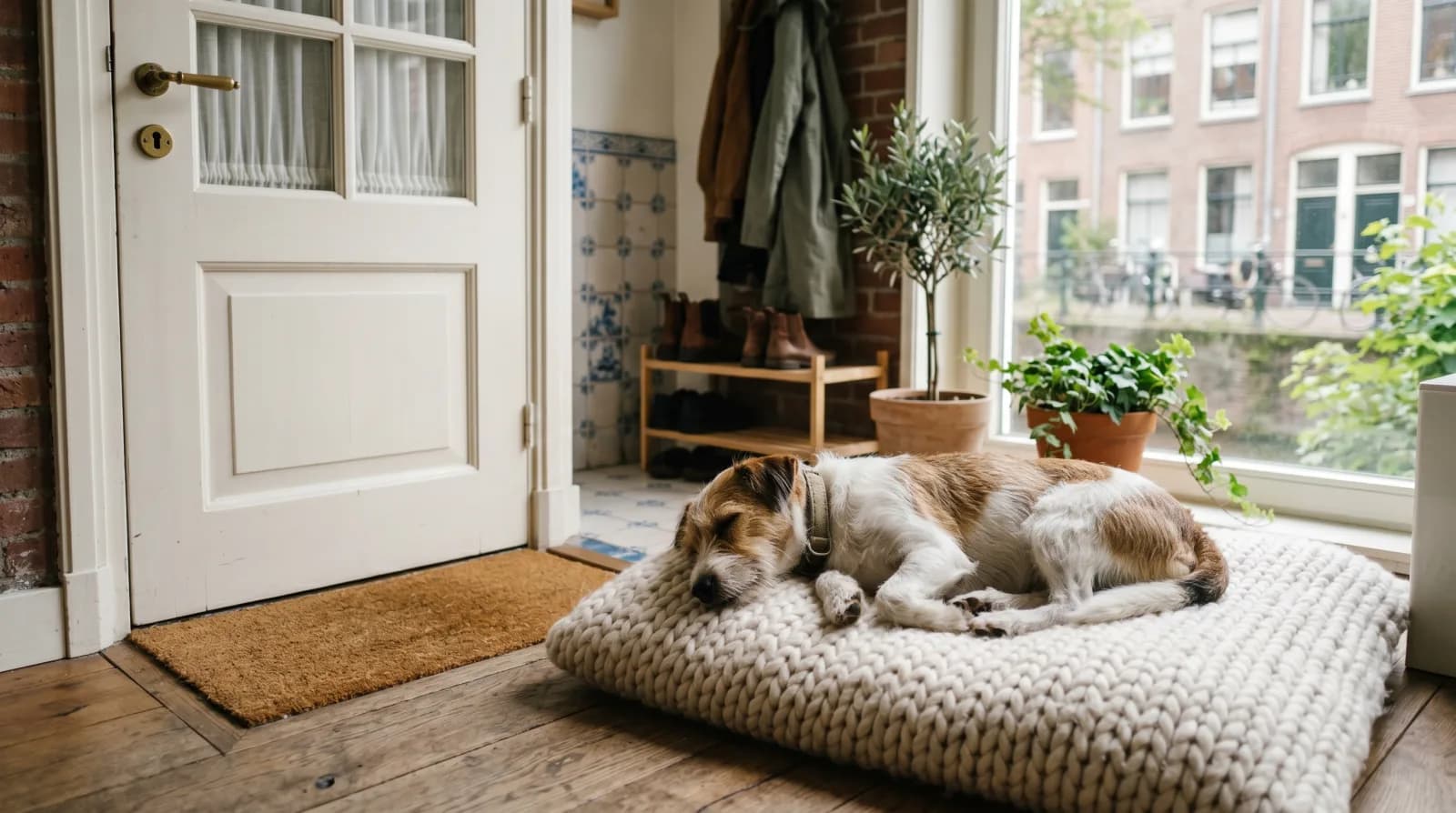 Rustige hond ligt ontspannen op een kussen bij de voordeur in een licht Nederlands appartement