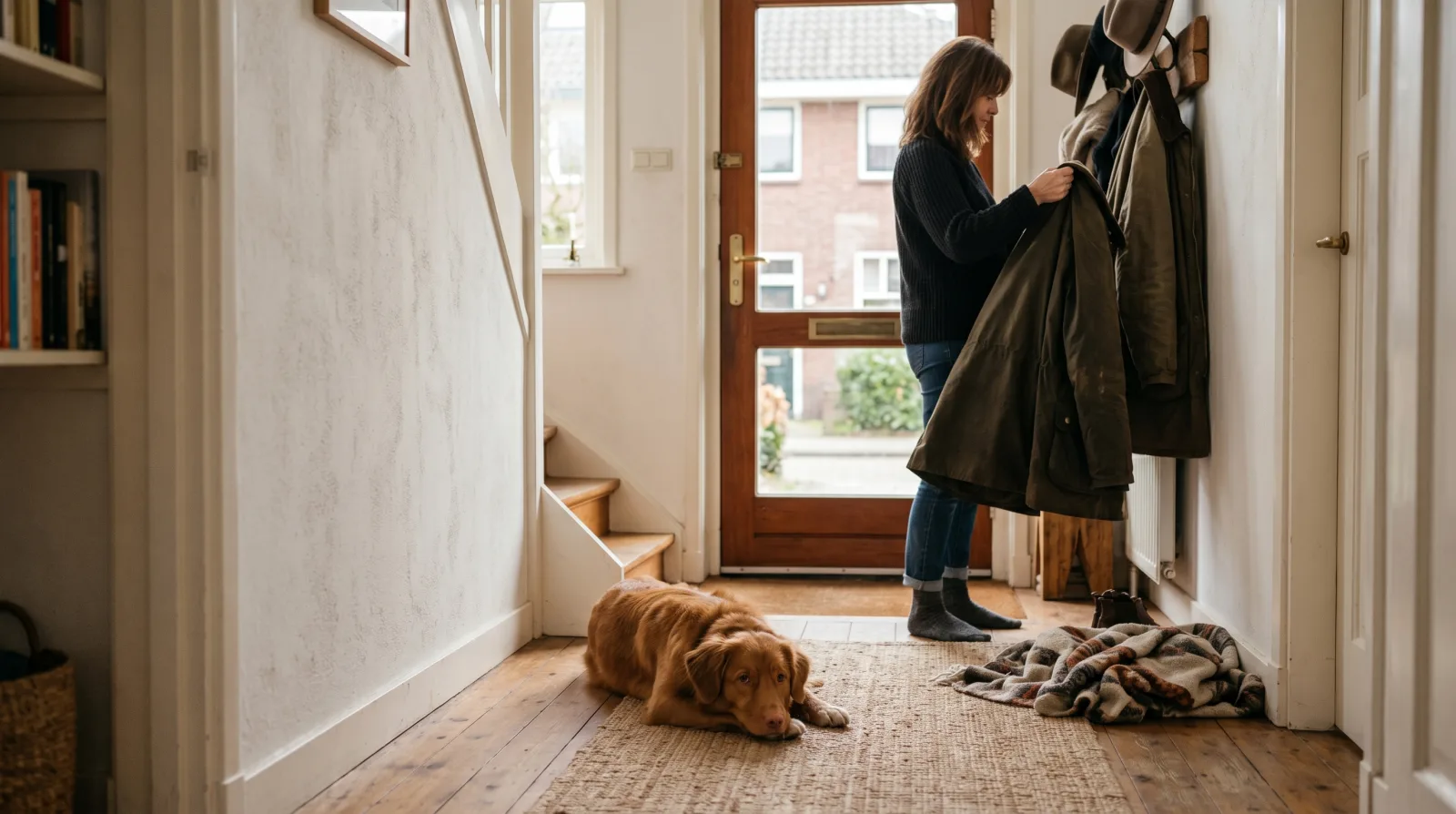 Hond ligt rustig bij de voordeur terwijl het baasje de jas pakt
