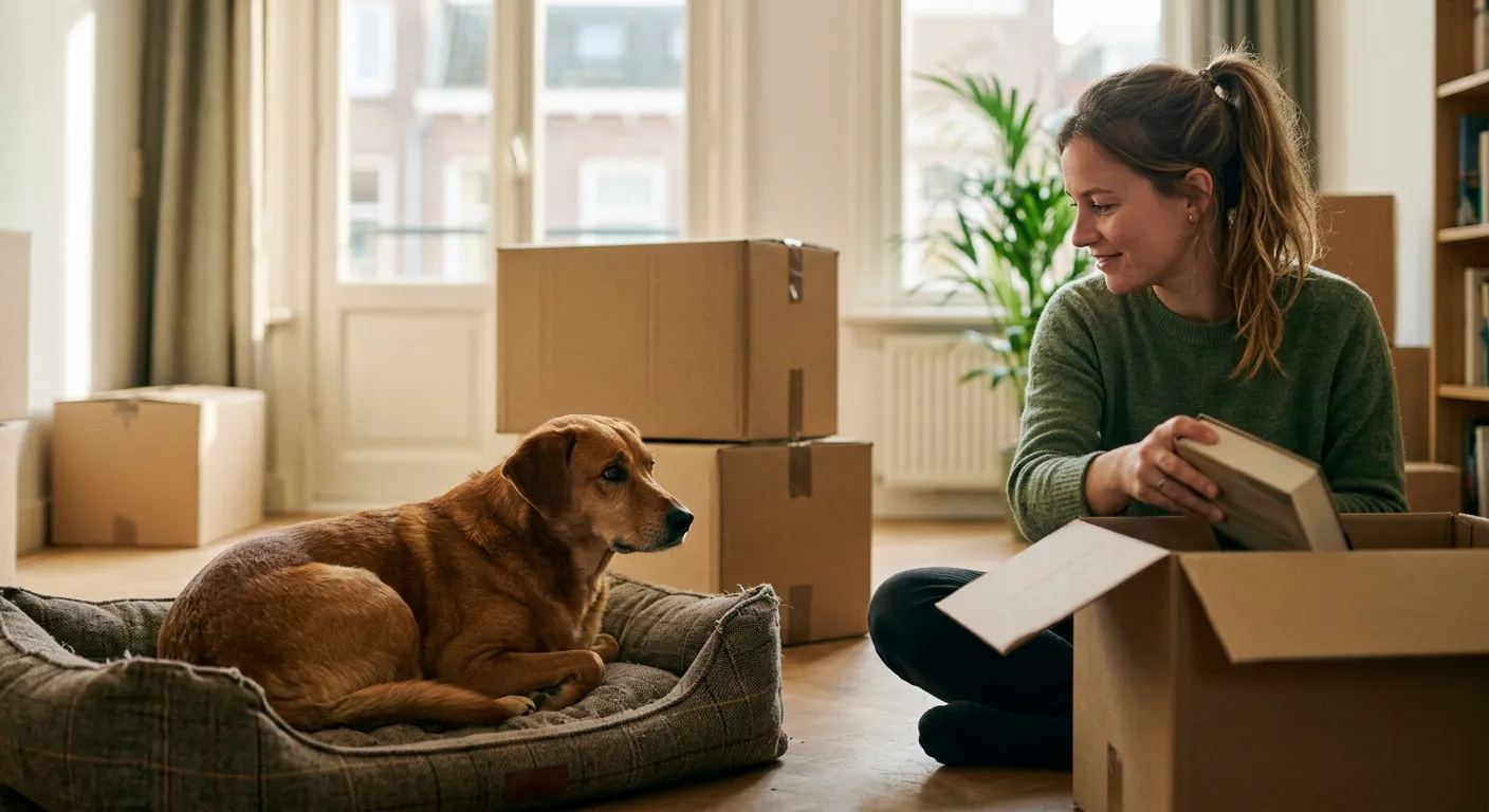 Hond ligt rustig in zijn vertrouwde mand tussen verhuisdozen terwijl het baasje in het nieuwe huis dozen uitpakt