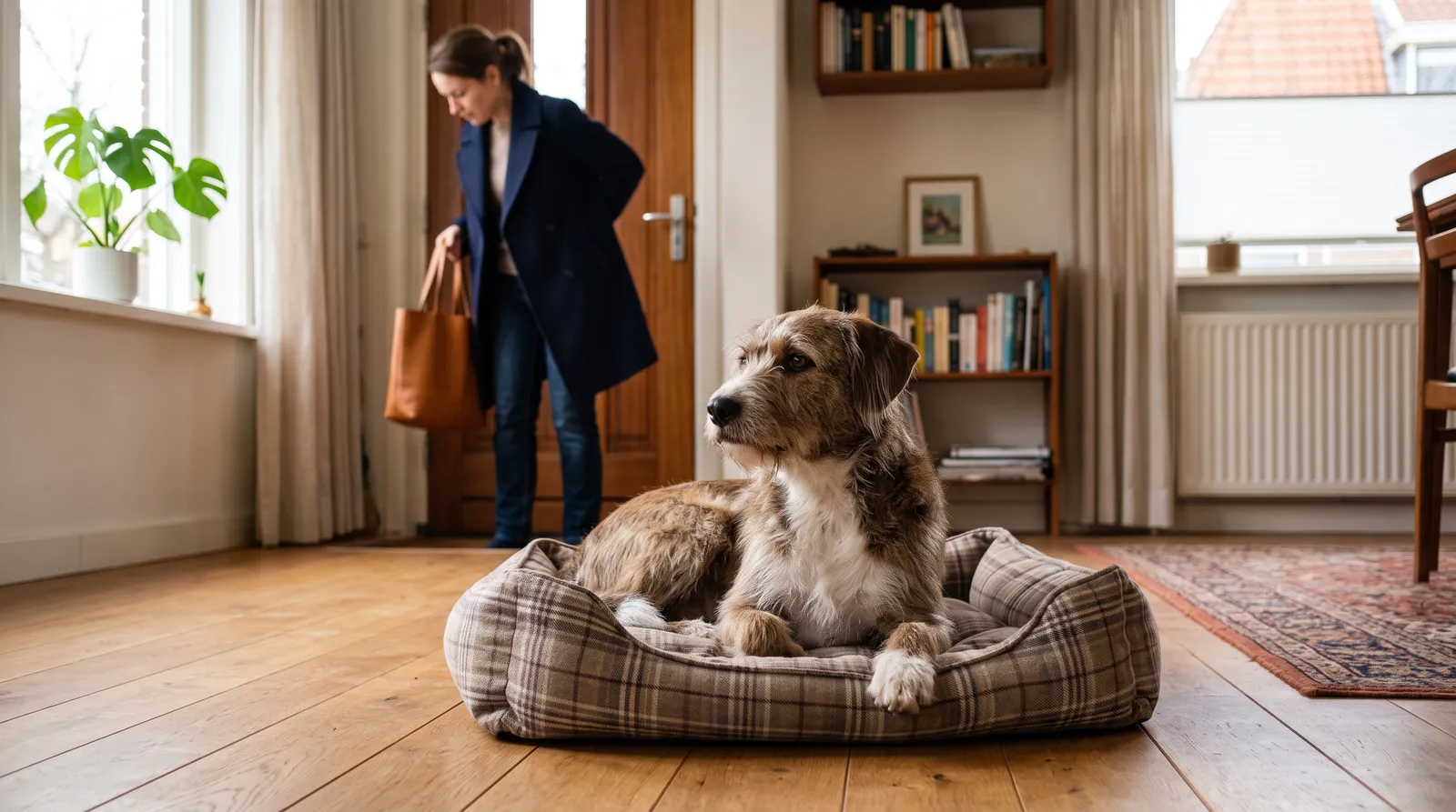 Hond ligt rustig in zijn mand terwijl het baasje bij de voordeur de jas aantrekt om naar kantoor te gaan