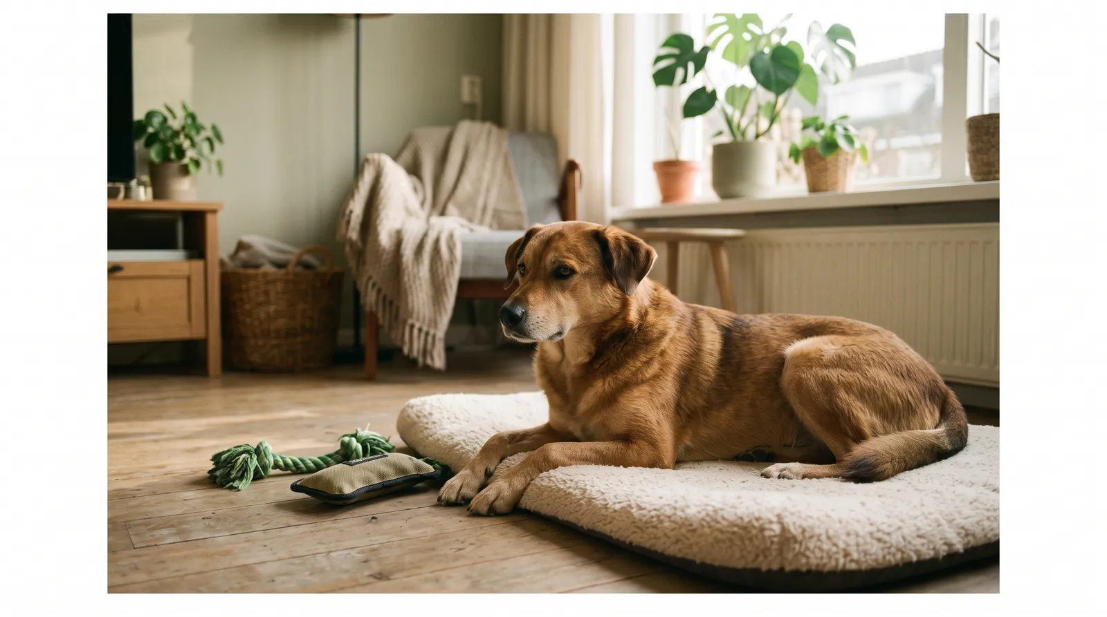 Hond ligt ontspannen op een kussen in een lichte woonkamer naast wat speelgoed op de vloer