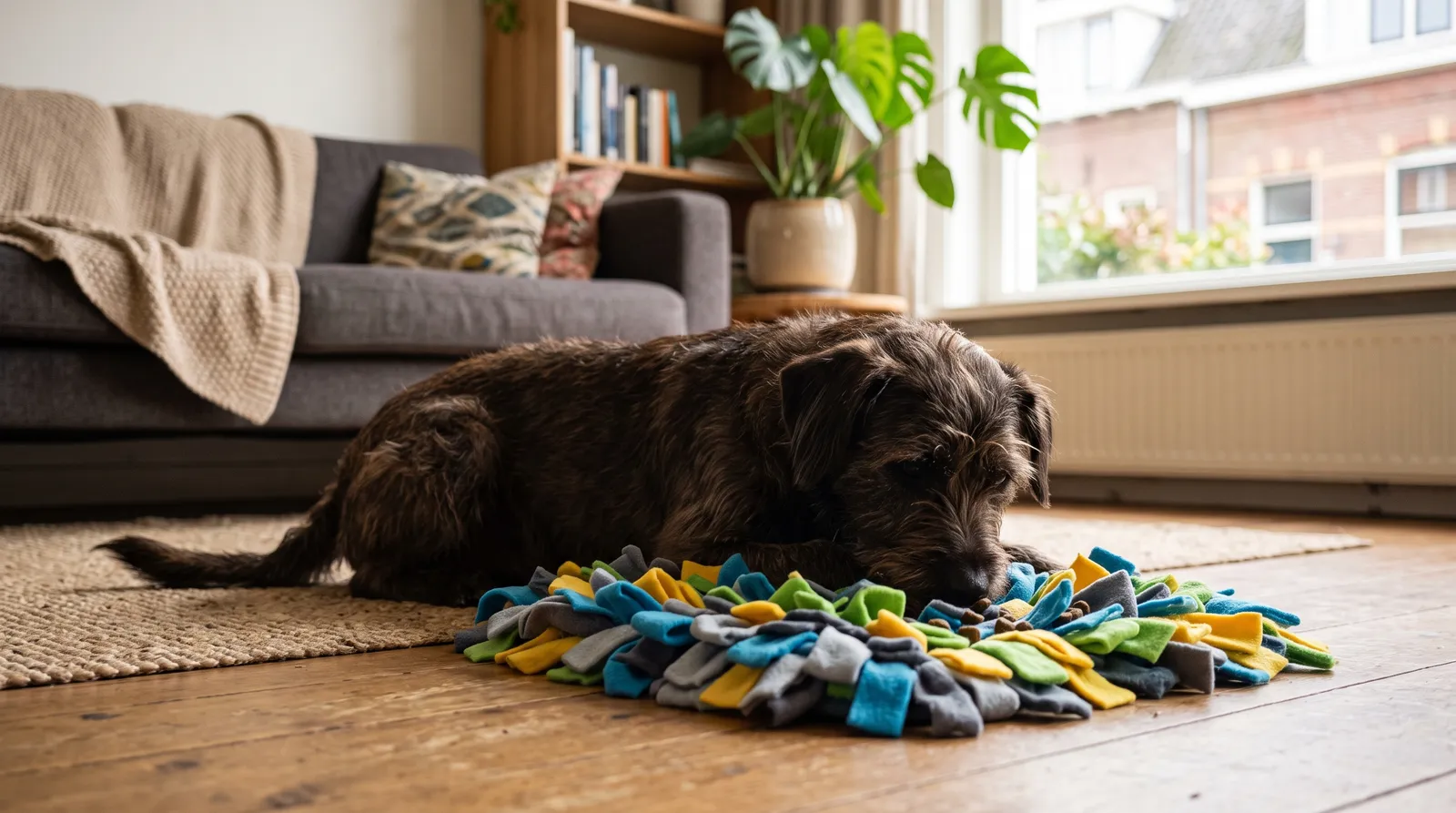Hond ligt ontspannen op de vloer en snuffelt geconcentreerd aan een snuffelmat in een lichte woonkamer
