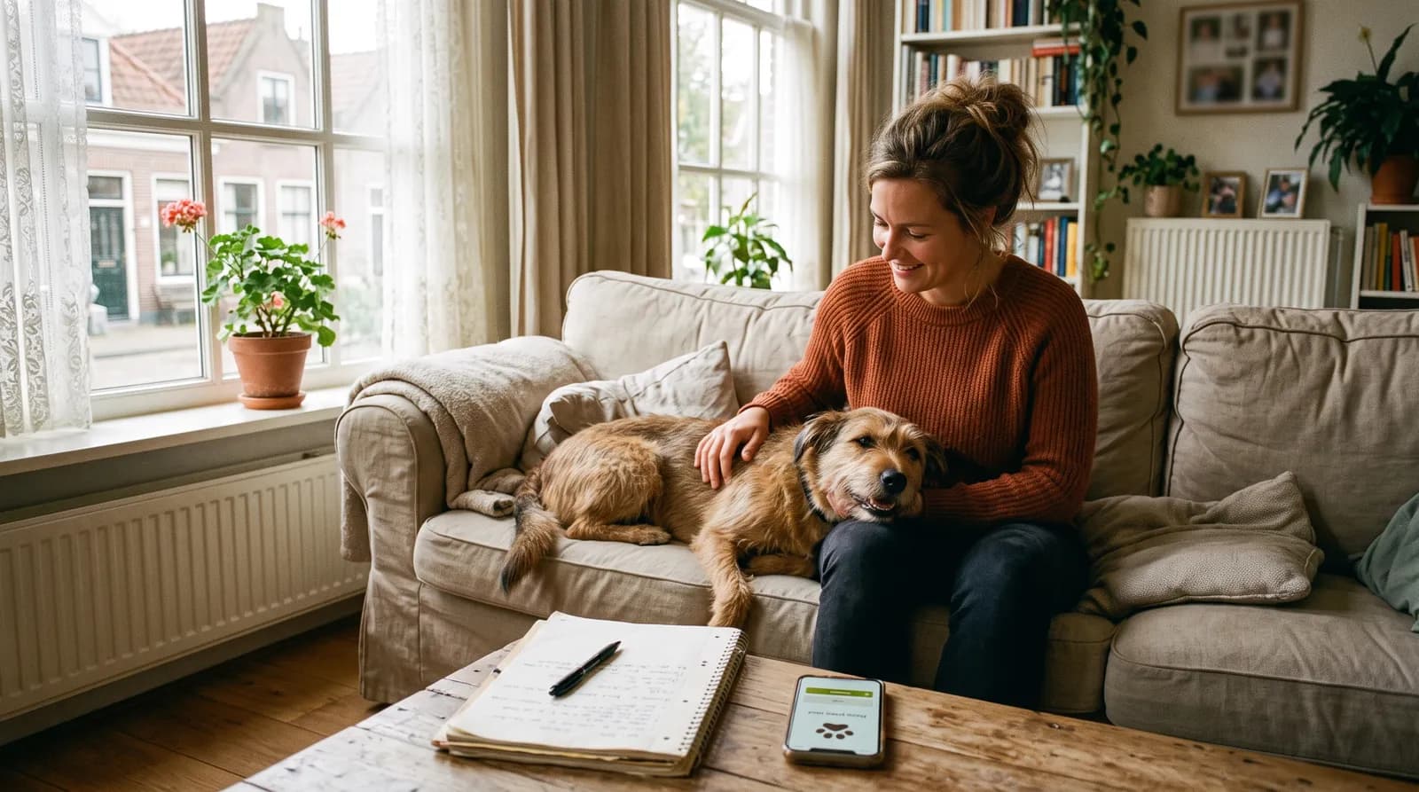Baasje zit ontspannen op de bank met haar hond, met een notitieboek en een telefoon op tafel