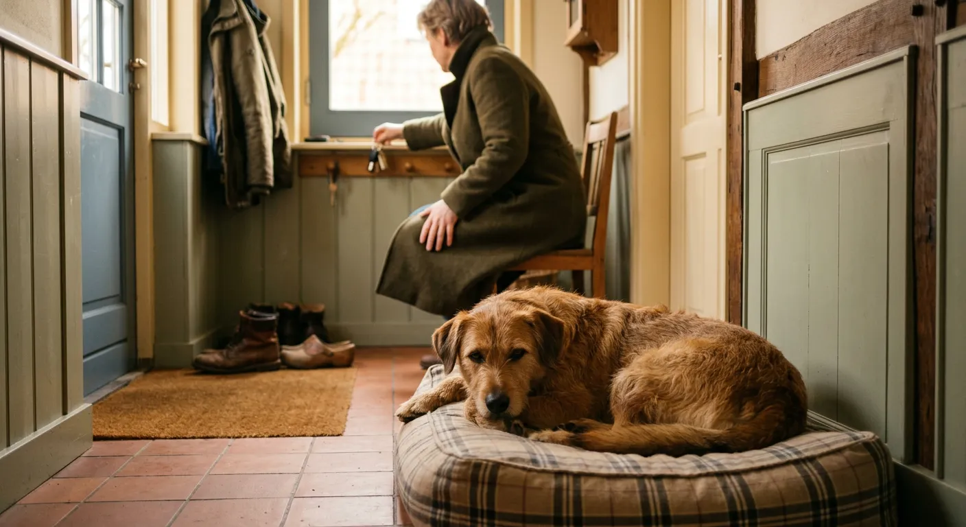 Hond ligt ontspannen in zijn mand in de hal terwijl het baasje met jas aan bij de voordeur gewoon weer gaat zitten