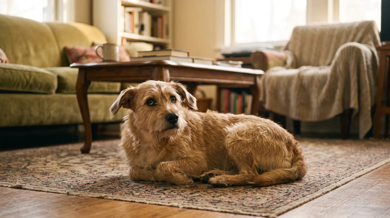 Hond ligt wat teruggetrokken in zijn vertrouwde woonkamer en kijkt vragend omhoog
