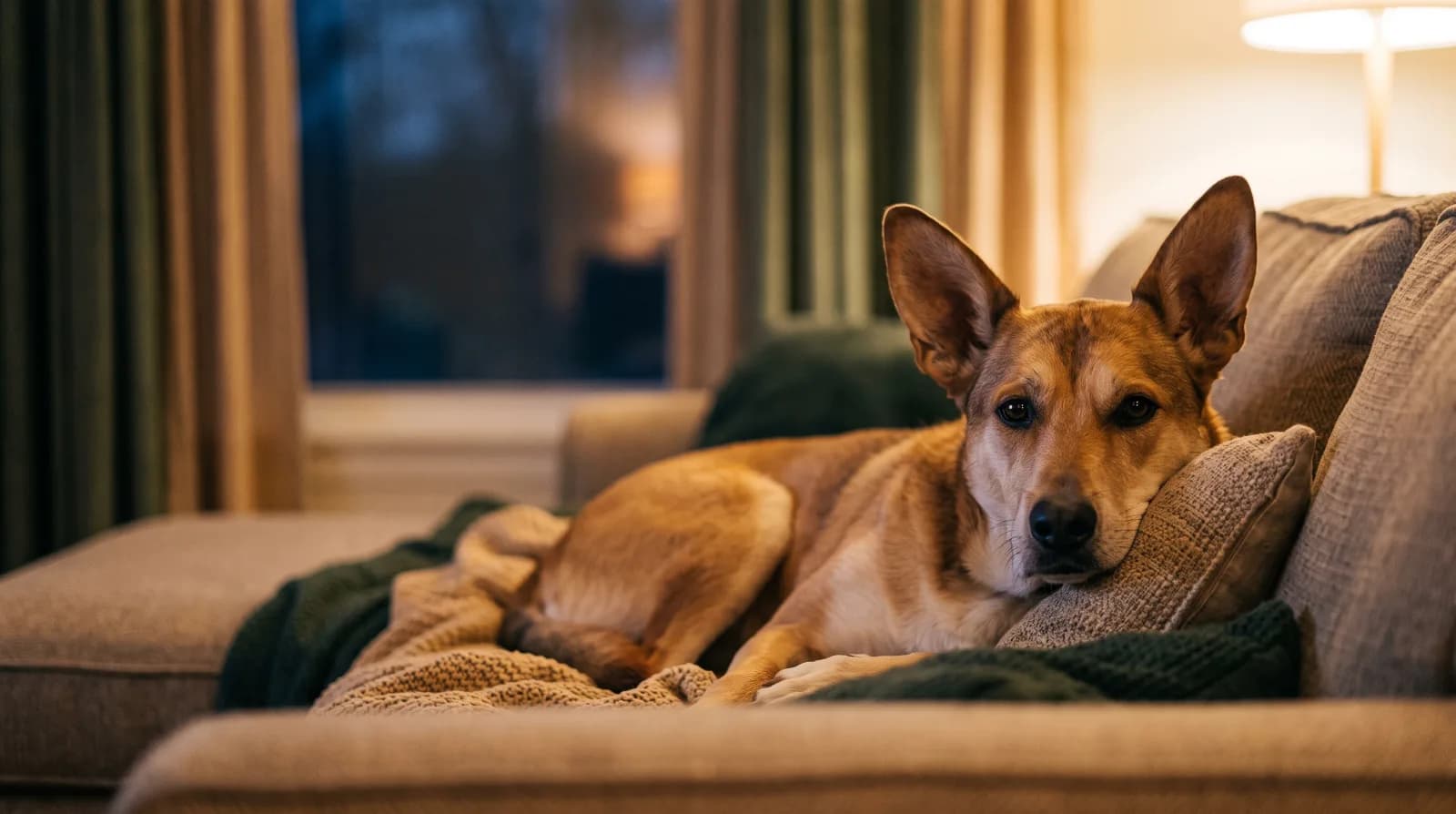 Hond met gespitste oren ligt veilig op de bank terwijl buiten achter het raam vuurwerk klinkt