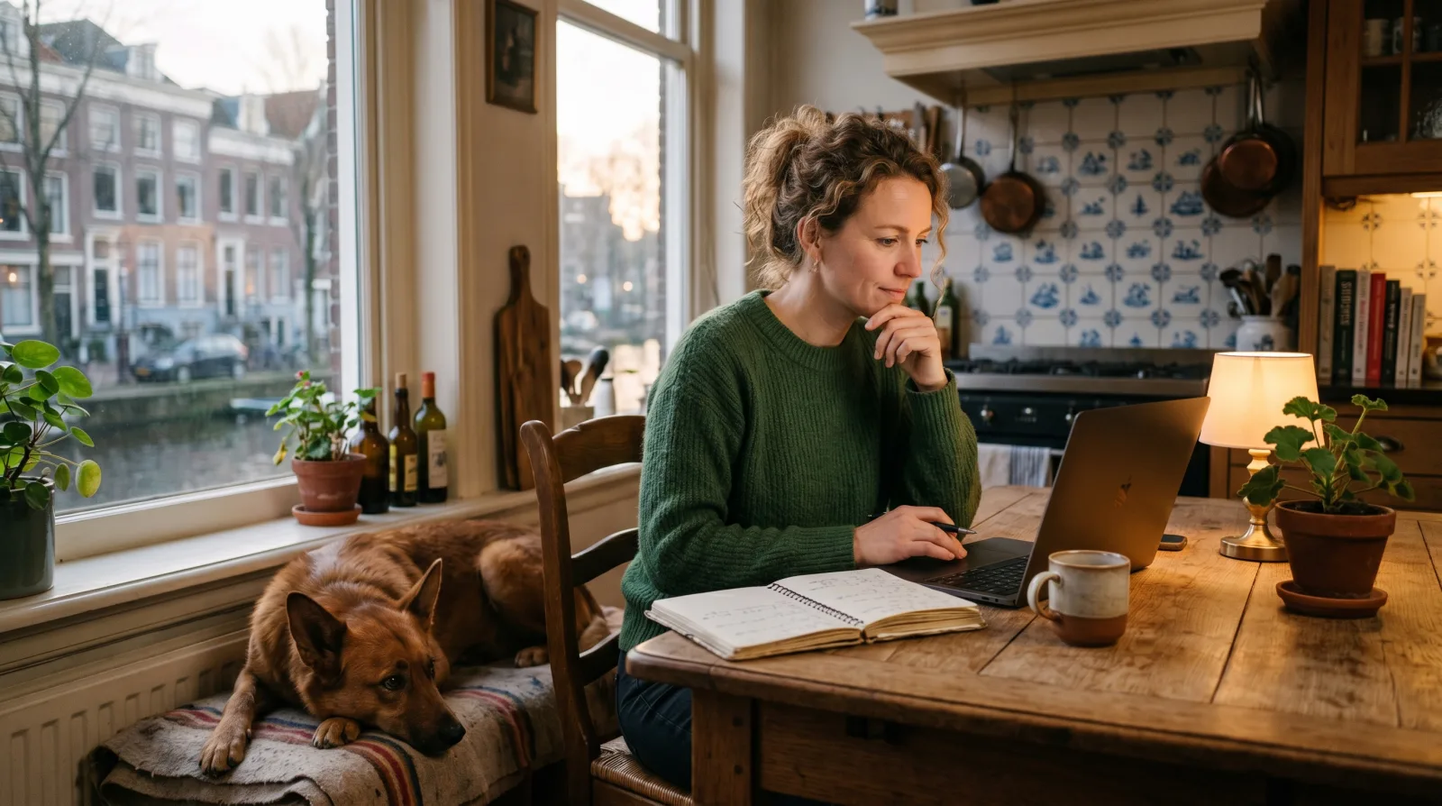 Een vrouw zit aan de keukentafel met haar laptop en een notitieblok, haar bange hond ligt rustig naast haar stoel