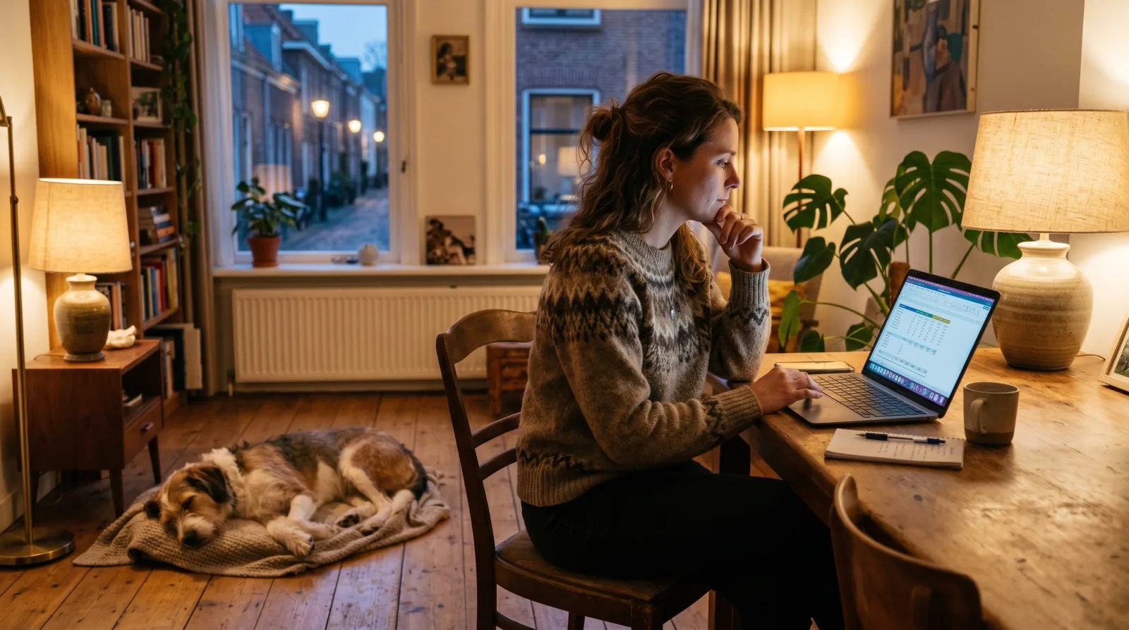 Een vrouw vergelijkt 's avonds prijzen op haar laptop terwijl haar onzekere hond rustig naast haar ligt