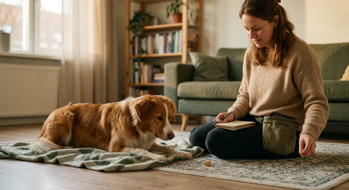 Baasje zit op de vloer met een notitieboekje en een snoepzakje naast haar rustige hond die op een deken ligt