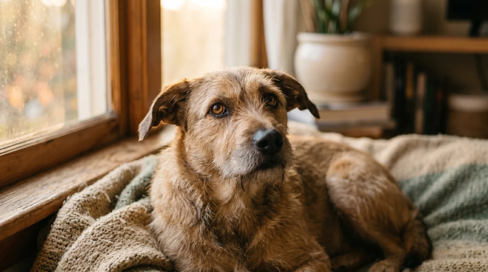 A dog by a window with soft, gently uncertain eyes