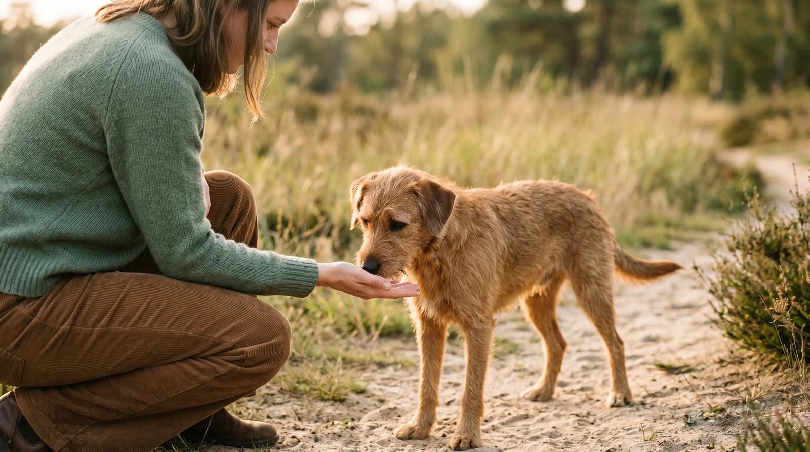 A person gently offering a hand to a slightly unsure dog outdoors